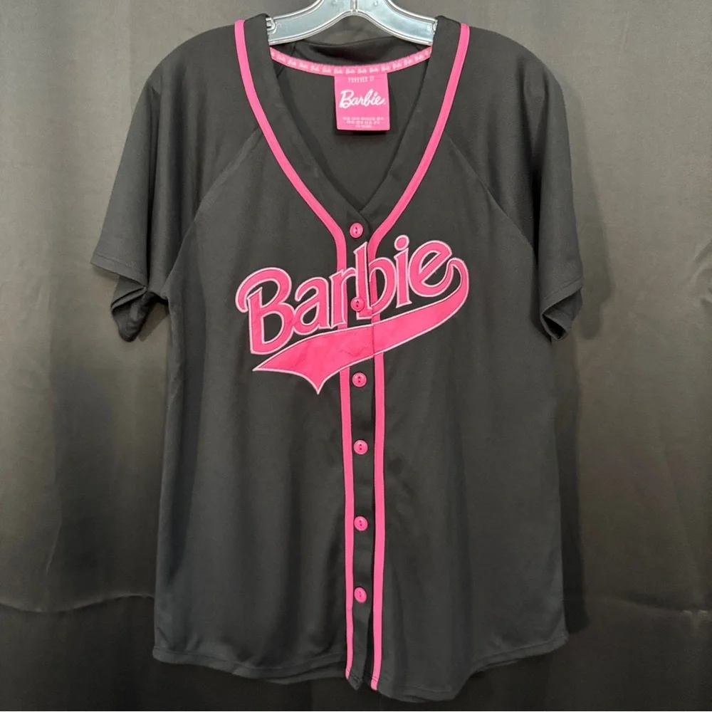 Excellent! Forever 21 × Barbie Women Black Pink Baseball Jersey Top Size M - Picture 1 of 5